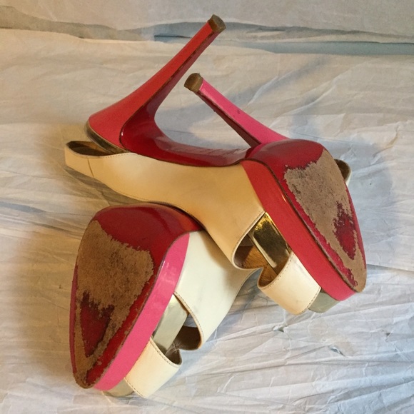 CHRISTIAN LOUBOUTIN BEIGE/PINK PLATFORMS SZ-37.5 - Picture 7 of 8